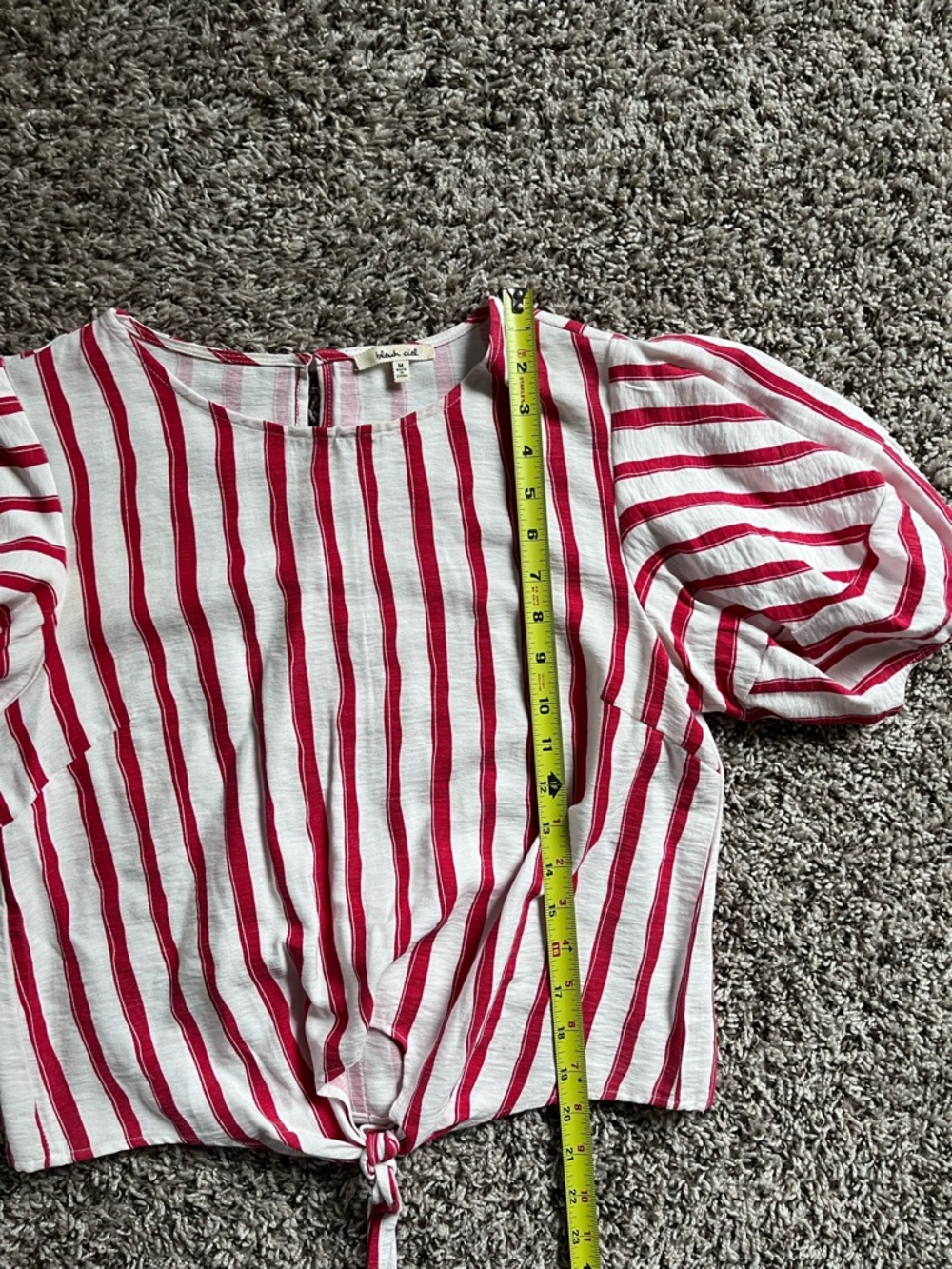 Bleu Ciel Red White Striped Puff Sleeve Tie‎ Front Crop Top Blouse Womens Medium - Picture 5 of 6